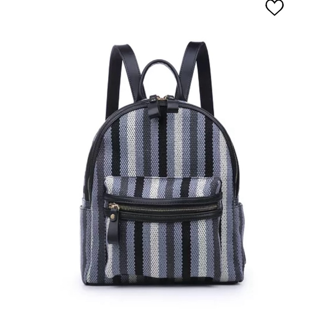 MODA Luxe Trent Backpack Blue Striped Patterned Fabric Faux Leather Travel Bag